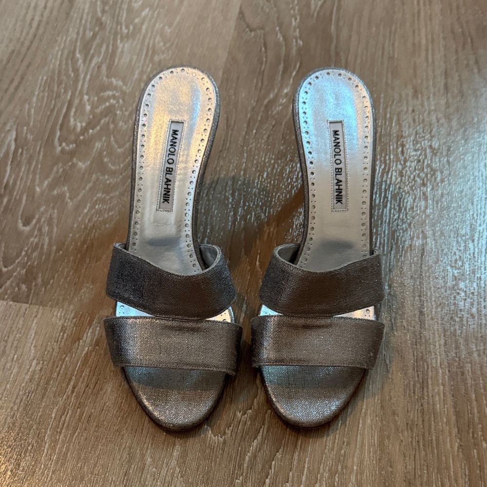 Manolo Blahnik Metallic Silver Two-Band Slide Mules